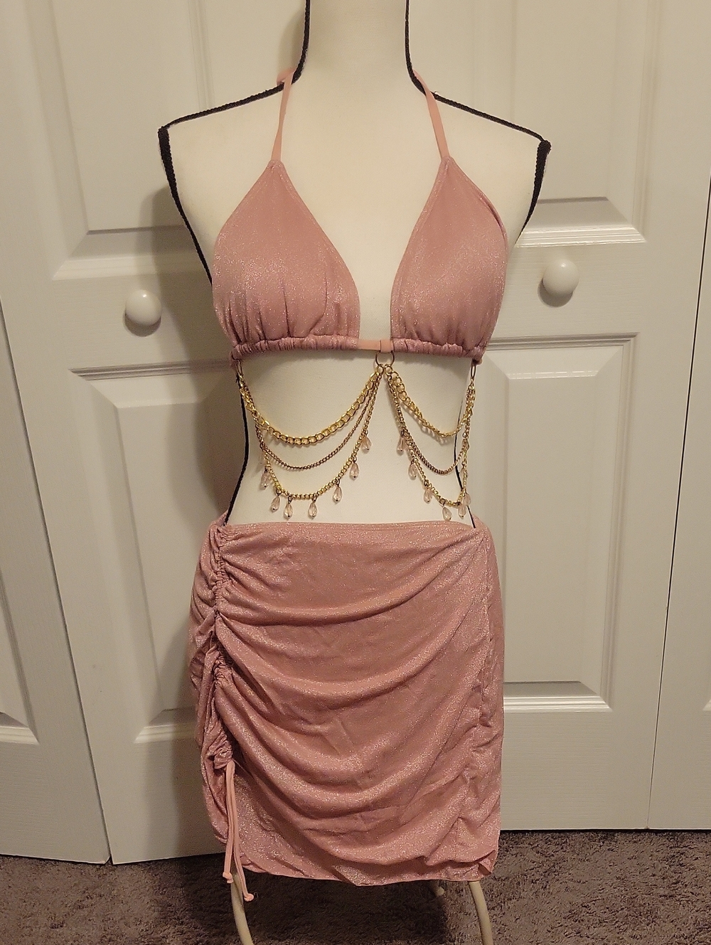 Pink Shimmer Two-Piece Ruched Bikini with Chain Detail Xl